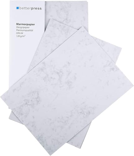 Betterpress 50 Blatt Briefpapier Marmorpapier grau Elefantenhaut 120g A4 Beidseitig Marmoriertes Papier in hochwertiger Qualität Premium ideal als Speisekarte Zertifikat und Urkunde