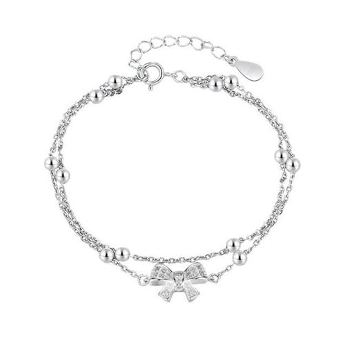 CZ Bow Knot Ball Beaded Chain Bracelet for Women Silver Plated Crystal Hand Charms Link Stackable Bracelets Adjustable Trendy Lucky Wedding Birthday Christmas Jewelry