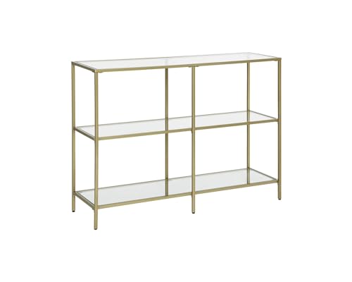 VBChome Konsolentisch 100x30x73 cm 3 Fächer Gold Eingangsmöbel Glas Metallrahmen Hartglas Wohnzimmer Schlafzimmer Beistelltisch Verstellbare Füße Aufbewahrungsregal 100x30x73 cm 3 Fächer Gold