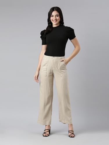 Image of GO COLORS Solid Linen Cargo Pants for Women | Full Length, Mid Rise, Side Pockets