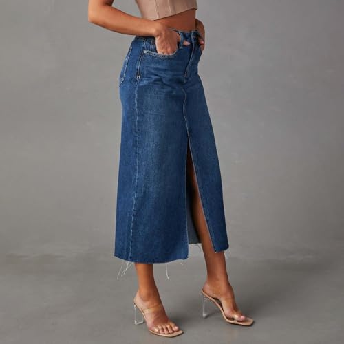 Women's Long Denim Skirt Slit Front High Waist Frayed Raw Hem Midi Jean Skirt Casual Pencil Skirt with Pockets2