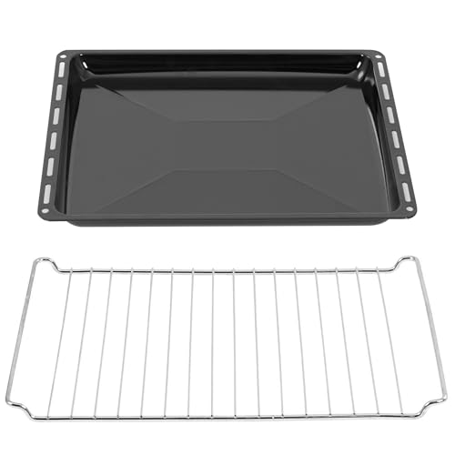 ICQN 445 x 375 x 35 mm Gitter Backblech Set | Passend für Whirlpool Ignis Bauknecht | Emailliert | Fettpfanne | Verchromt Backofenrost und Emaille Backblech für Backofen