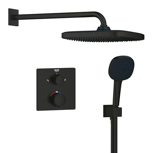 GROHE Precision 250 Unterputz Duschsystem (25cm Regendusche mit Thermostat Kopfbrause 1 Strahlart Duschkopf 2 Strahlarten Komplettset 1 50m Duschschlauch) eckig schwarz 348822430