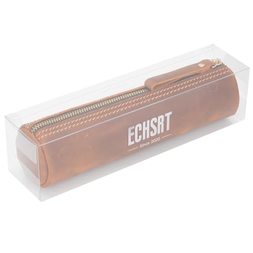 Image of ECHSRT Genuine Leather Pencil Pouch, Classic Cylinder Pen Bag - Brown | Full-Grain Cowhide Leather, Crazy Horse Finish, Single Zipper, Vintage Pen Organizer for Adults