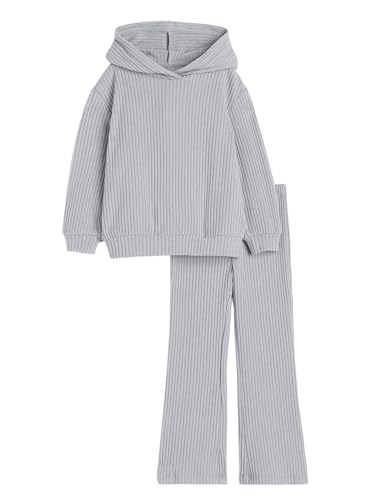 Image of Haloumoning Girls 2 Pieces Outfits Ribbed Knit Hoodies Flare Pants Sweatshirts and Sweatpants Kids Tracksuits 4-14 Years