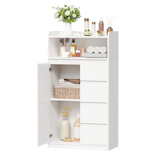 ANWBROAD Badezimmerschrank, Badschrank mit 4 Schubladen, 1 Schranktür, 5-lagige Verstellbarer Ablage, Badezimmer Kommode für Badezimmer, Wohnzimmer, Küche,110 × 60 × 30 cm, Weiß, SBC014W
