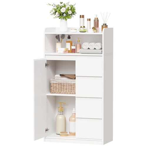 ANWBROAD Armario de Baño con 4 Cajones, 1 Puerta de Armario y Estantes Ajustables, Armario de Almacenamiento para Baño, Salón, Cocina, Blanco, 110 x 60 x 30 cm, SBC014W