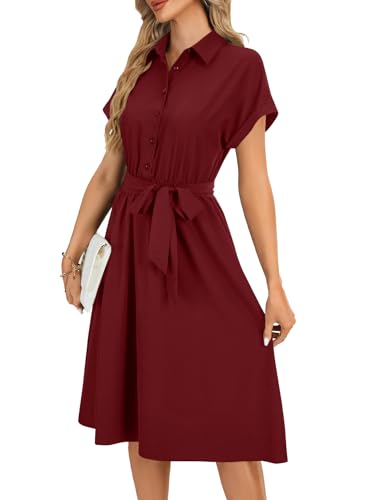 Image of Vrtige Women's Collar Neck Button Down Tie Waist Short Sleeve A Line Midi Shirt Dress