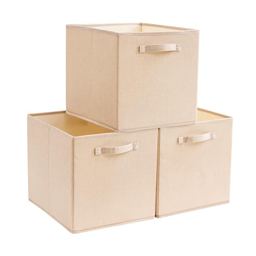 Mangata Caja de almacenamiento 28x28x28 cm, cestas de almacenamiento de tela sin arrugas para cestas de ropa, cajas, arcones, juguetes (3 unidades, caqui claro)