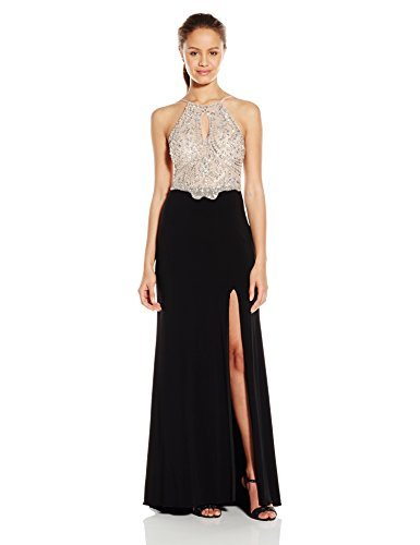 Blondie Nites Juniors Long Beaded Prom Dress with Keyhole Neck, Nude/Black, 9