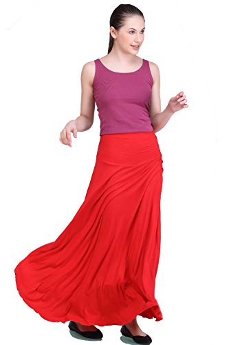 Image of Women's Solid High Waist Flared Classic Maxi Skirt | Stretchable Flared Viscose Skirt for Ladies | Foldover Waistband | Festive, Party, Lounge & Casual Wear