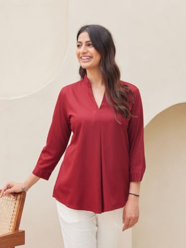 Image of SAADAA Top for Women, Viscose Pleated Tops, V-Neck with a Collar, 3 /4 Sleeve Length, Office & Casual Wear