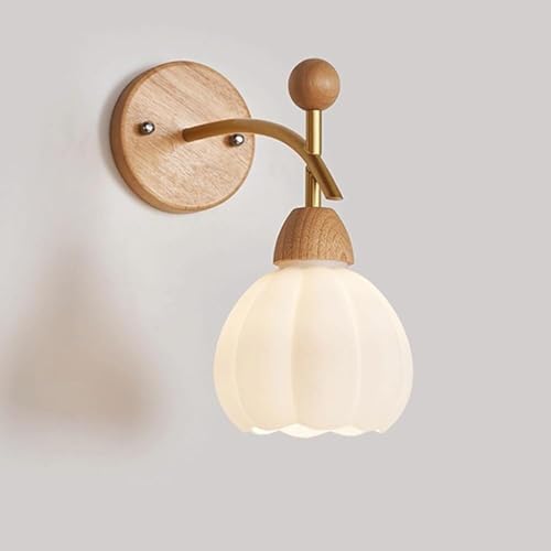 OEUBEQ Aplique de Pared Moderno de Mediados de Siglo, Base de Madera, lámpara de Pared con Flores Blancas como la Leche, lámpara de Pared Dorada Vintage para Dormitorio, Sala de Estar, co