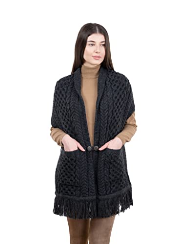 Image of SAOL 100% Merino Wool Shawl /Poncho Sweater /Open Cardigan /Wool Cape with Pockets with Fringe Trim and Trinity Knot Button
