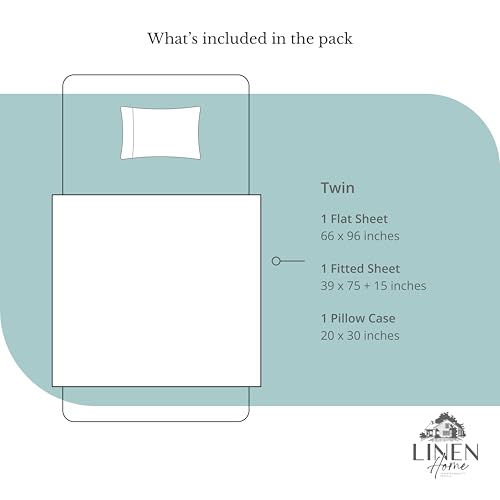 Image of Linen Home 100% Cotton Percale Sheets Twin Size, Aqua Blue, Deep Pocket, 3 Pieces Set - 1 Flat, 1 Deep Pocket Fitted Sheet and 1 Pillowcase, Crisp Cool and Strong Bed Linen