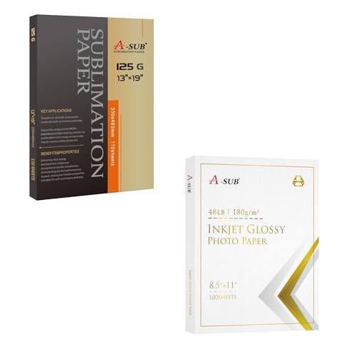 A-SUB Sublimation Paper 13X19 Inch 110 Sheets 125g and Glossy Photo Paper 8.5X11 Inches 48lb 180gsm 100 Sheets