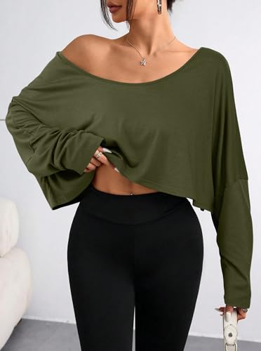 Hilinker Women's Sexy Boat Neck Casual Loose T Shirt Long Sleeve Off Shoulder Crop Tops3