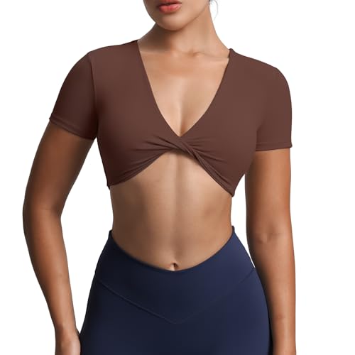 Image of Aoxjox Short Sleeve Crop Tops for Women Sienna Twist Deep V Workout Cropped T Shirt Top