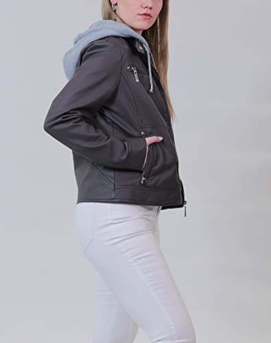 JOUJOU Women's Vegan Leather Jacket with Faux Fur Lining & Removable Hoodie, Stylish & Trendy Coat3