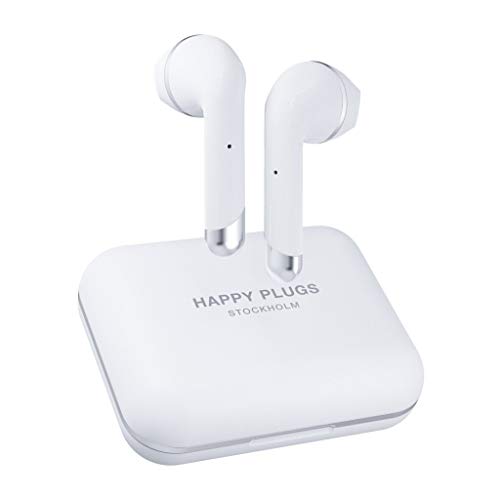 Happy Plugs Air 1 Plus Earbud Wireless Headphones – TRUE WIRELESS – 100dB – Sweat-Resistant – 30 mAh Battery in Each Earphone – 450 mAh Battery in Charging Case – White