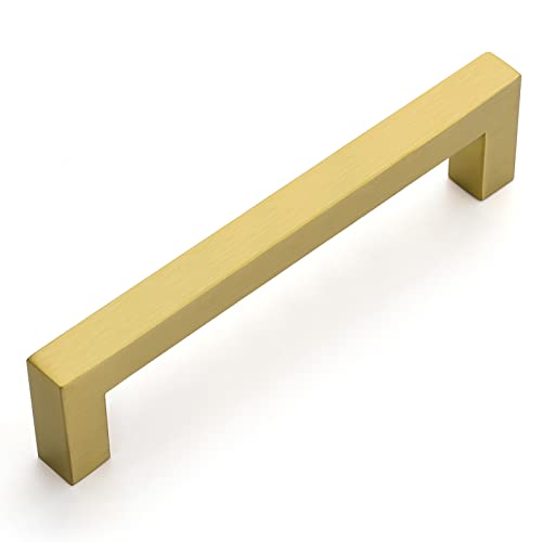 Oyx 10 Pack 5 Inch Brushed Brass Cabinet Pulls Gold Drawer Pulls,Brass Pulls For Kitchen Cabinet Handles Gold Pulls Square Kitchen Cabinet Handles Brass Drawer Handles For Cabinets,5" Hole Center #TOP8