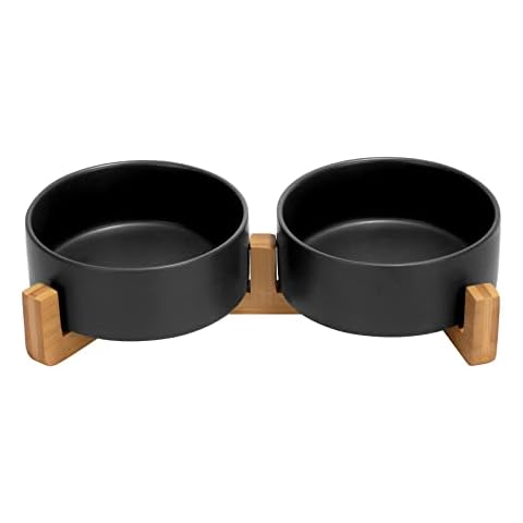 Ceramic Dog and Cat Bowl Set with Wooden Stand, Modern Cute Weighted Food Water Set for Small Size Dogs (13.5OZ ) & Medium Sized Dogs (28.7OZ) & Cats (1.7 Cups, 2 × Black) Cover