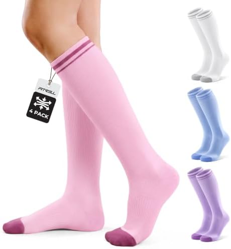 FITRELL 4 Paar Kompressionssocken Damen & Herren 15-20 mmHg Kniestrümpfe | Compression Stockings für Sport, Flüge, Reisen, Pflegepersonal, Schwangere, Krampfadern
