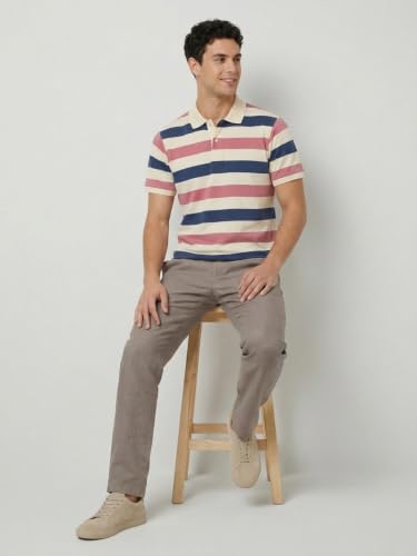 Image of Raymond Men Modern Fit Stripe Pattern Pure Cotton Polo Neck Half Sleeve Casual T-Shirt