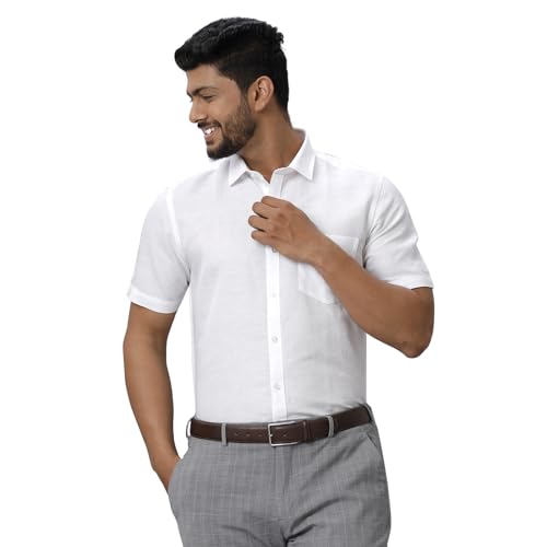Image of RAMRAJ COTTON Men White Solid Half Sleeve Cotton Shirt