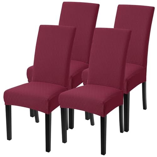 Image of SearchI Dining Room Chair Covers Set of 4, Stretch Jacquard Parsons Chair Slipcovers Removable Washable Kitchen Chair Protector Cover for Dining Room, Hotel, Ceremony (Wine Red Rhombus)