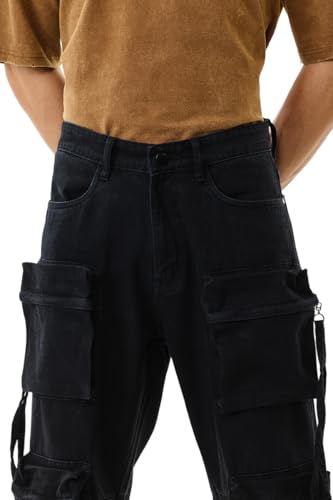 Image of SNITCH Men Cargo Pants | Baggy Fit with Multiple Utility Pockets & Turned-Up Cuffs | Cotton Blend Fabric for Streetwear & Casual Outings