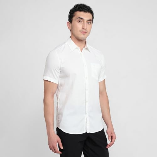 Image of Parx Men Slim Fit Solid Pattern Pure Cotton Button Down Collar Half Sleeve Casual Shirt