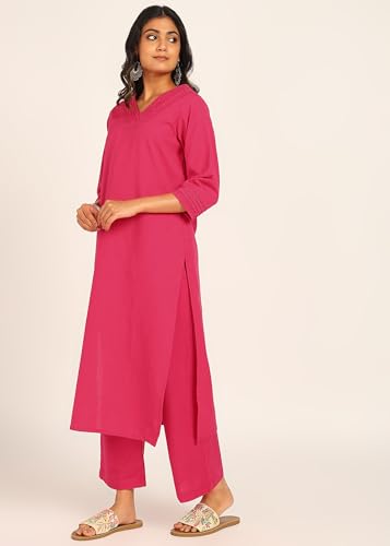Image of BLOCKS OF INDIA Women's Solid Straight Kurta Set | Hand-Stitched Neck Details with Pintucks | Comfortable Pants with Pockets, Elastic Waist & Drawstring Fit