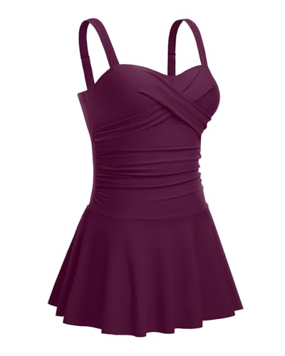 Image of Aqua Eve One Piece Swim Dress Tummy Control Swimsuit with Skirt Modest Bathing Suit Vintage Swimdress