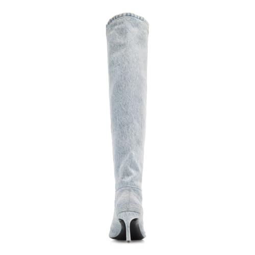 Image of Saint Leia Women's Knee High Boots Pointed Toe Denim 2.76Inch Stiletto Heel Boots