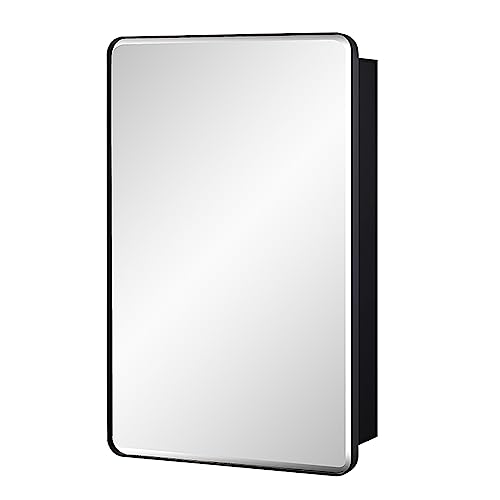 Image of IDYLLOR Black Bathroom Mirror Medicine Cabinet with Round Corner Framed Door and Beveled Edge Mirror 15 x 25 inch, Recessed or Surface Mount, with Adjustable Glass Shelves