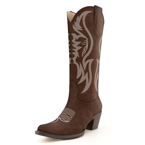 Image of KaroNairy Women Cowboy Boots Faux Suede Embroidered Pointed Thick Heeled Western Wide Calf Cowgirl Ponited Toe Mid Calf Boots