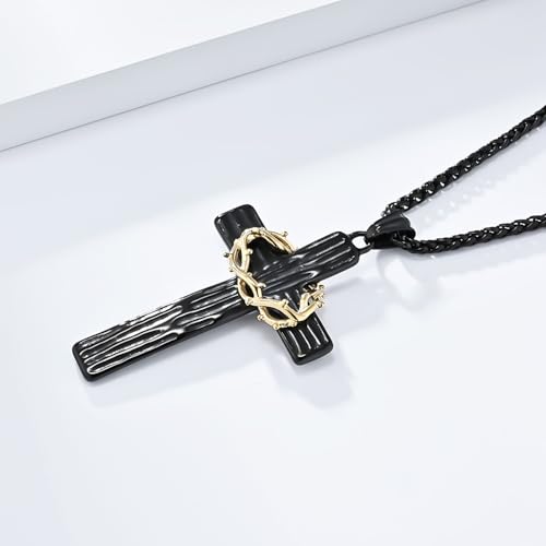 Cross Necklace for Men,Stainless Steel Black Gold Silver Jesus Christ Crucifix Pendant Necklaces Meaningful Religious Jewelry，60cm Rolo Chain4