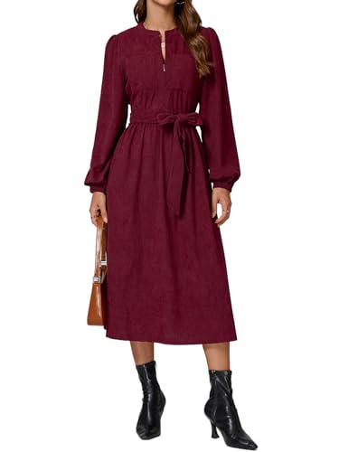 EZAPINE Cordkleid für Damen, lange Puffärmel, Reißverschluss, Vintage, Herbst, Winter, Midi-Kleid mit Gürtel, Rot/Ausflug, einfarbig (Getaway...