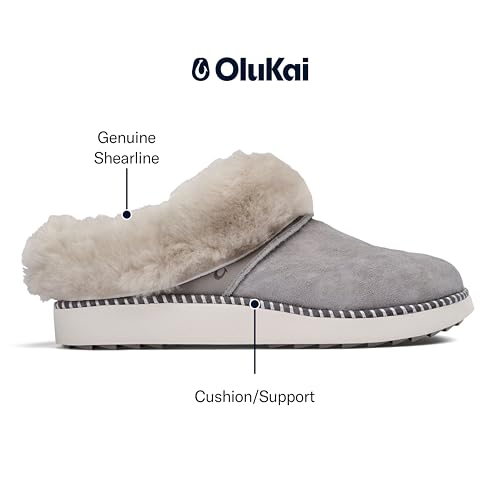 OLUKAI Ku'i Women's Slipper, Soft Full-Grain Leather & Wool Blend Footbed, Wet Grip Soles for Inside & Outside Wear, Cute & Comfortable Slip-On