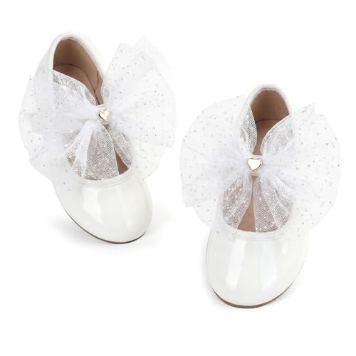 Wulubaba Toddler Girls Dress Shoes Mary Jane Princess Shoes with Sparkly Tulle Bow and Heart Charm Toddler Little Kids Wedding Party Flats White