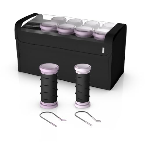 Travel Size 1.25" Ceramic Hot Hair Rollers Set, 10 Piece Compact Styling Kit with Storage Case and Clips, Ionic Anti-Static Design for Smooth Curls, Black
