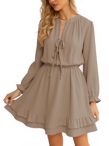 Image of Angashion Womens Tie Front Mini Dress V-Neck Ruffle Hem Summer Pockets