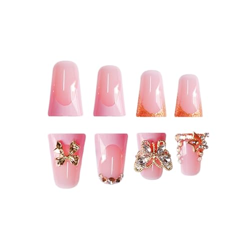 Image of Pink French Tip Press on Nails Short Duck Fake Nails with Design 5D Butterfly Glue on Nails Rhinestone Bow False Nail Artificial Acrylic Full Cover Glossy Stick on Nails for Women Manicure 24Pcs