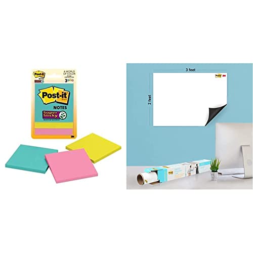 Image of 3M Post-it Super Sticky Notes | 3 Pads x 45 Sheets | 3 inch x 3 inch & 3M Post-it Dry Erase Writing Surface White, 3ft x 2ft