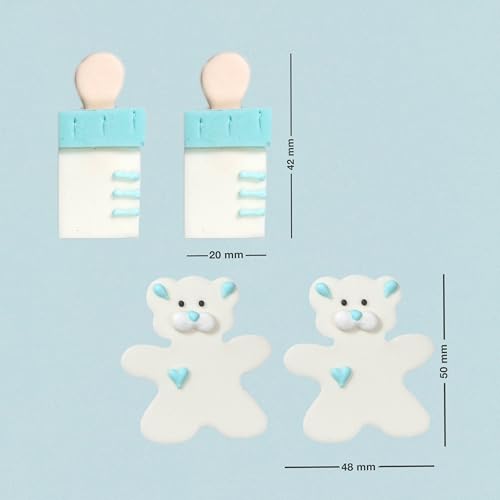 Babymix Fondant Party Deko Set in Blau - 8 Stück (Kinderwagen, Teddybär, Trinkflaschen u.ä.) - Essbare Babyshower & Gender Reveal Party Deko für Cupcakes, Muffins & Kuchen - Backdekorationen in Blau