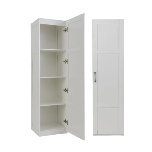 KOMFOTTEU 4 Etagen Hochschrank mit Metallgriff & Kippschutz, Aufbewahrungsschrank mit Einer Tür, Mehrzweckschrank schmal, Küchenschrank für Esszimmer, Küche, Badezimmer, 37,5 x 40 x 150 cm (Weiß)