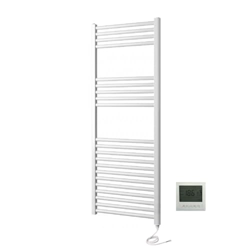 Greened House Milano WHITE Flat Electric Towel Rail W500mm x H1200mm Flat Electric Towel Radiator With Timer
