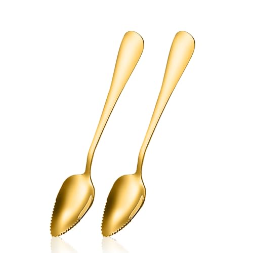 Serrated Edge Grapefruit Spoons Stainless Steel Grapefruit Utensil Tool Dessert Fruit Spoons for Citrus Lemon Kiwi Salads Melon Lime Pitaya Apple Fruit Puree (Gold)
