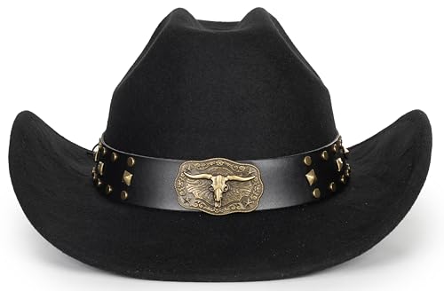 Image of Women-Classic-Western-Cowboy-Shapeable-Hat - Men-Roll-Up-Wide-Brim-Felt-Fedora-Hats-Cowgirl-Hat with Belt Buckle(M-L)